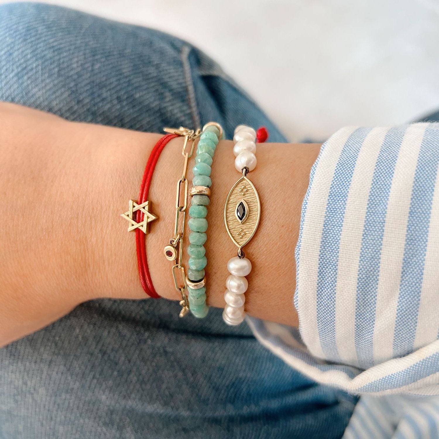 Sacred Harmony – 14K Gold Sapphire & Pearl Charm Bracelet