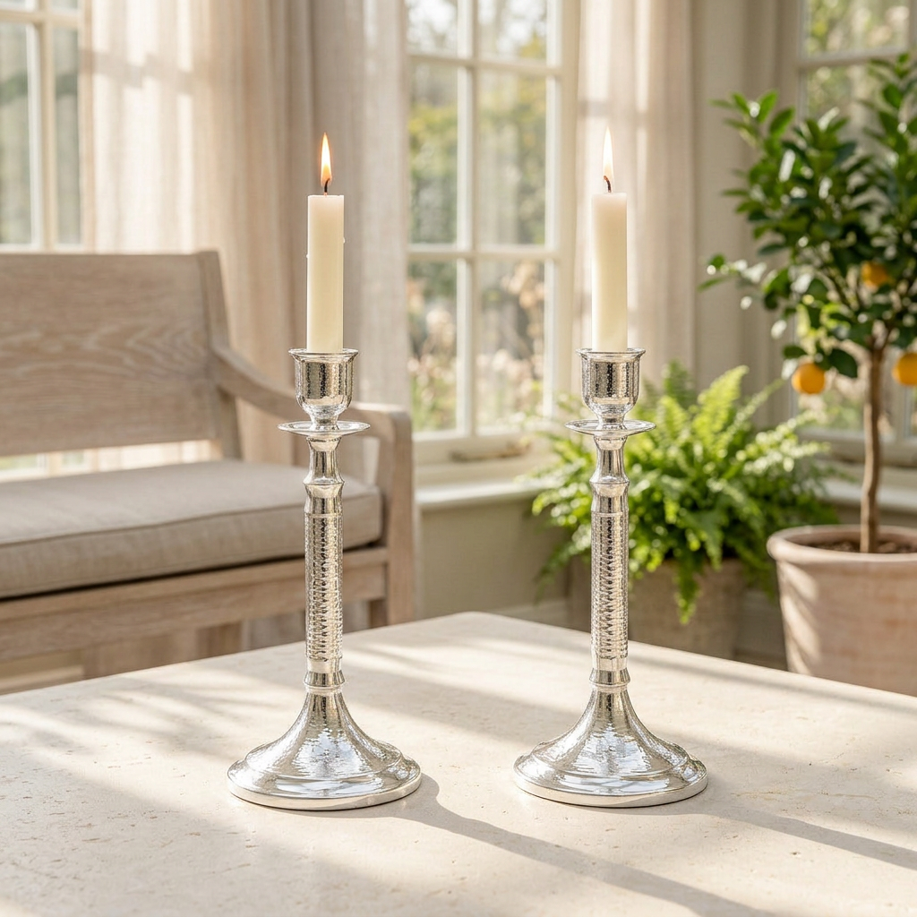 Elegant silver candlesticks on table
