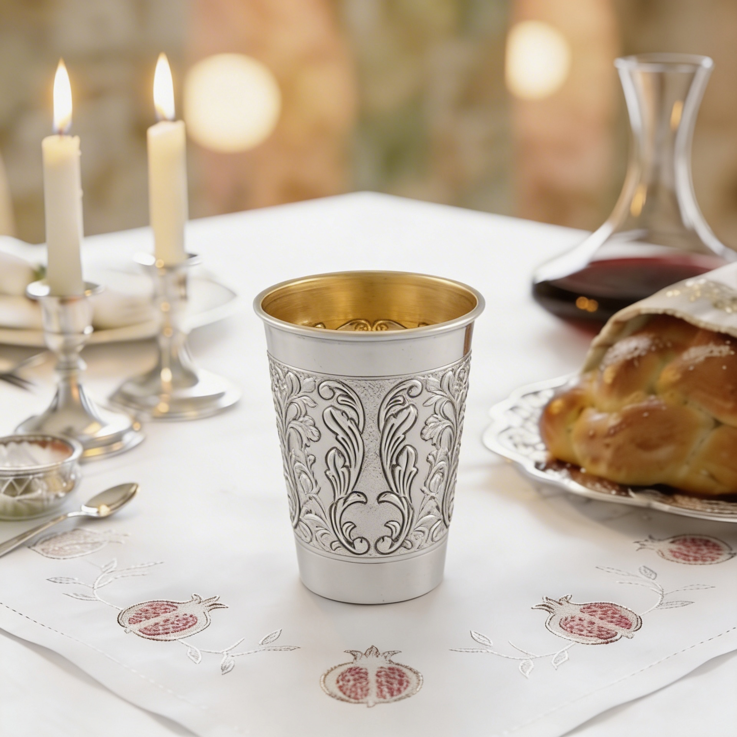 Barak Kiddush Cup- 925 Sterling Silver, Leaf Engravings & Gold Interior