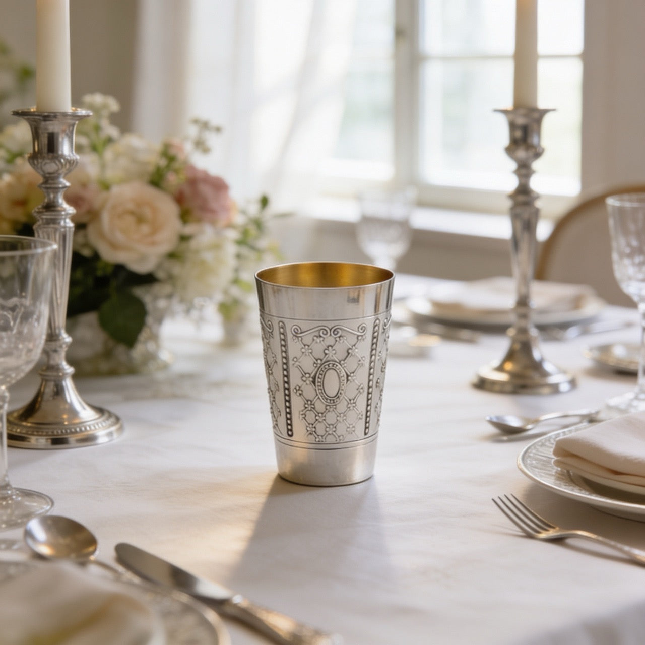 Yishai Kiddush Cup - 925 Sterling Silver Classic Lattice and Gold Interior