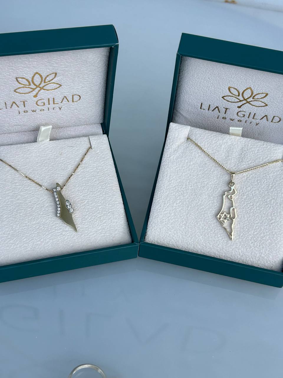 Two silver necklaces in jewelry boxes